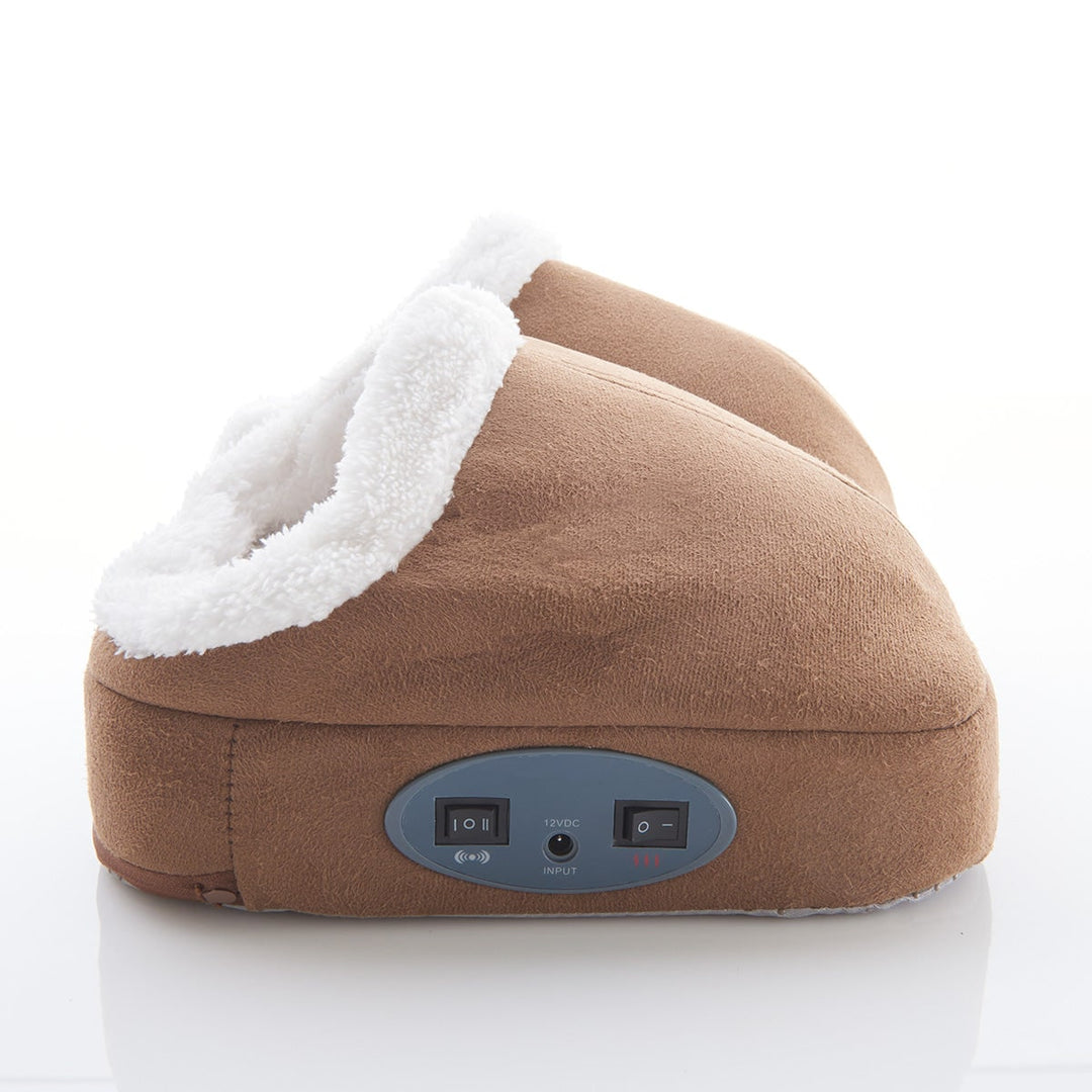 Electric Foot Massager, Faux-Suede &amp; Fleece-Lined | Tan or Gray | Heated &amp; Vibrating, Non-Slip Base, Fits UK Size 14