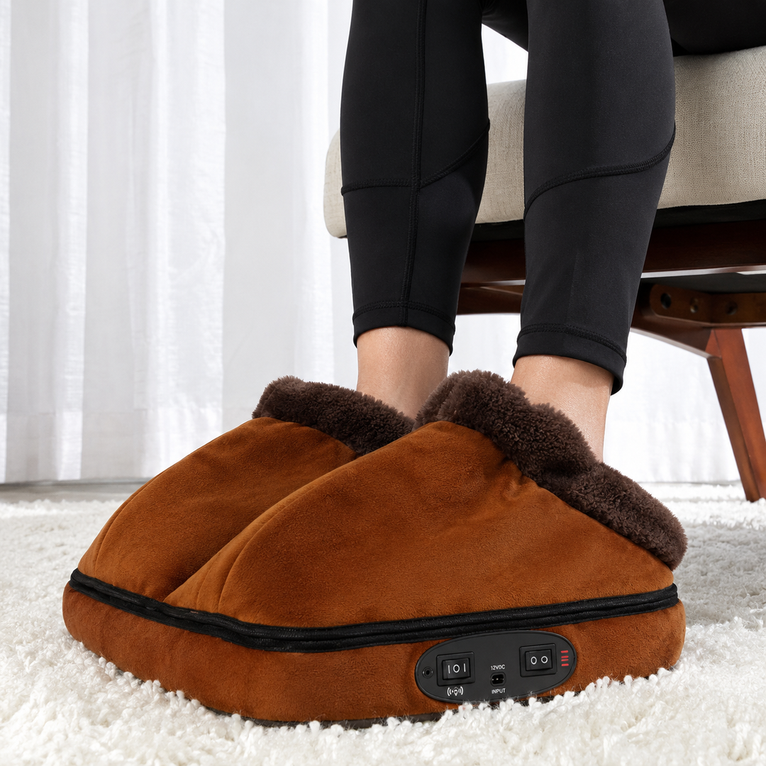 Electric Foot Massager, Faux-Suede &amp; Fleece-Lined | Tan or Gray | Heated &amp; Vibrating, Non-Slip Base, Fits UK Size 14