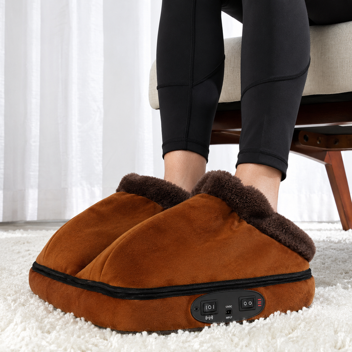 Electric Foot Massager, Faux-Suede &amp; Fleece-Lined | Tan or Gray | Heated &amp; Vibrating, Non-Slip Base, Fits UK Size 14