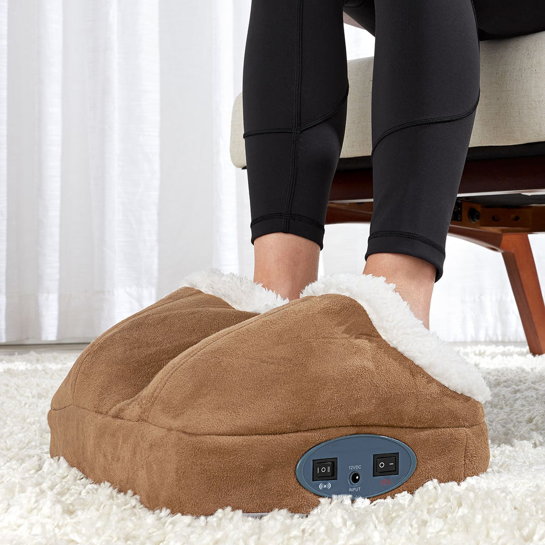 Electric Foot Massager, Faux-Suede & Fleece-Lined | Tan or Gray | Heated & Vibrating, Non-Slip Base, Fits UK Size 14