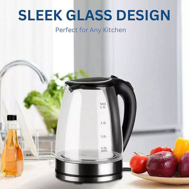 Electric Glass Kettle Stainless Steel | 1500W Rapid Boil with LED Illumination | Cordless Base, BPA-Free 1.8L Capacity