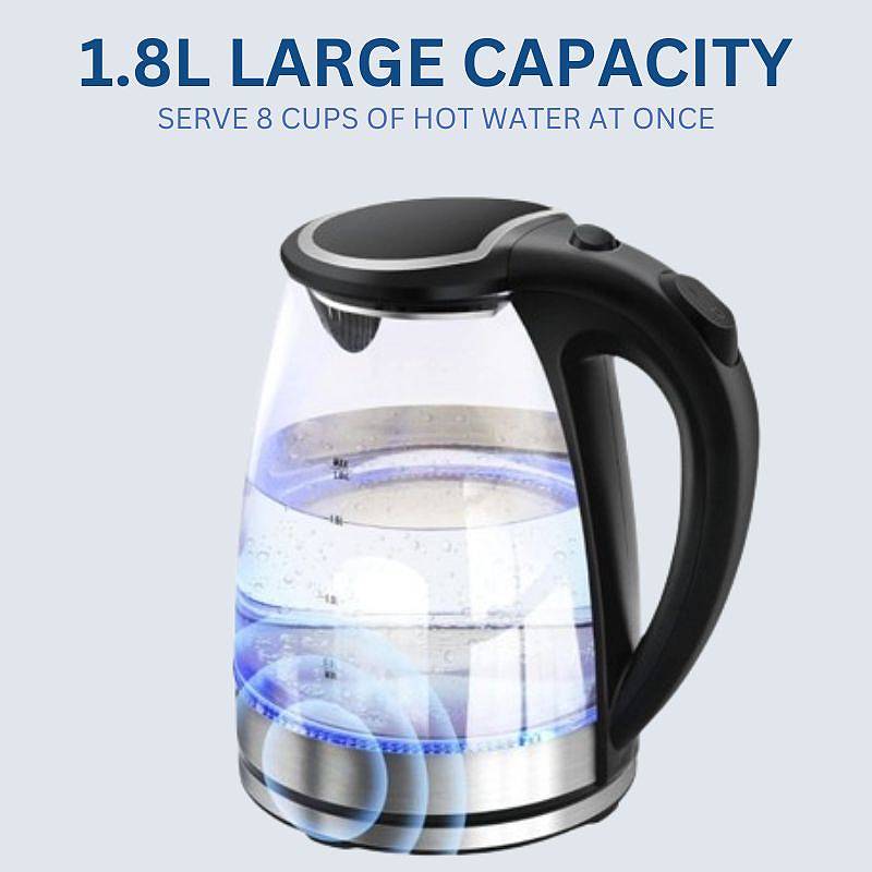Electric Glass Kettle Stainless Steel | 1500W Rapid Boil with LED Illumination | Cordless Base, BPA-Free 1.8L Capacity