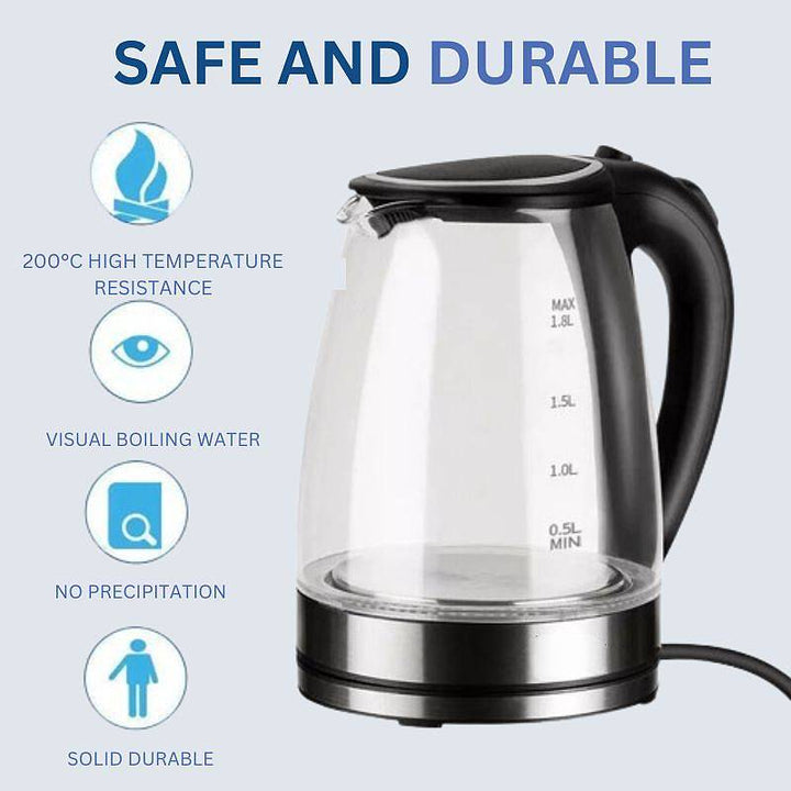 Electric Glass Kettle Stainless Steel | 1500W Rapid Boil with LED Illumination | Cordless Base, BPA-Free 1.8L Capacity
