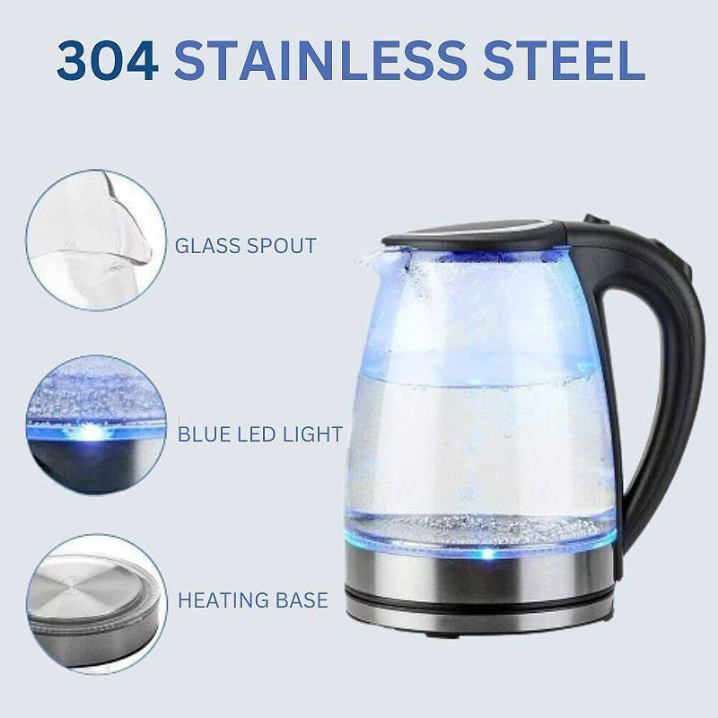 Electric Glass Kettle Stainless Steel | 1500W Rapid Boil with LED Illumination | Cordless Base, BPA-Free 1.8L Capacity