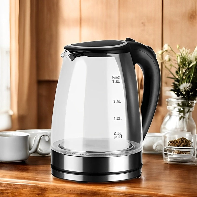 Electric Glass Kettle Stainless Steel | 1500W Rapid Boil with LED Illumination | Cordless Base, BPA-Free 1.8L Capacity