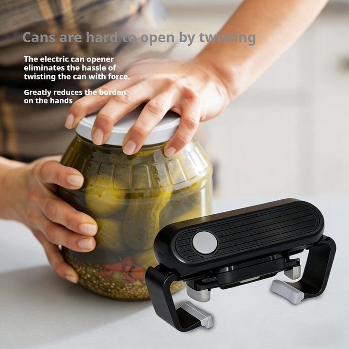 Electric Jar Opener | Automatic Lid Grip, One-Touch Button | Battery-Operated, Black Plastic, Fits Various Lid Sizes
