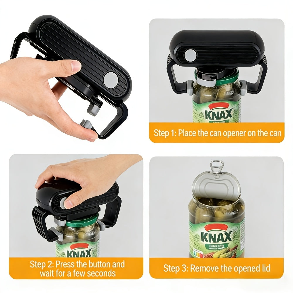 Electric Jar Opener | Automatic Lid Grip, One-Touch Button | Battery-Operated, Black Plastic, Fits Various Lid Sizes