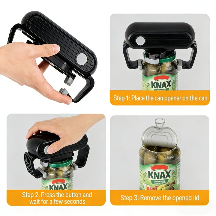 Electric Jar Opener | Automatic Lid Grip, One-Touch Button | Battery-Operated, Black Plastic, Fits Various Lid Sizes