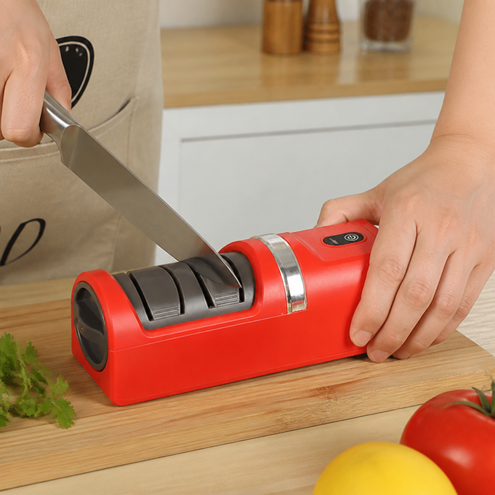 Electric Knife Sharpener, Diamond Wheel, 18 x 6 x 6 cm | Red, Green or White | Cordless with Suction Base for Safe Sharpening