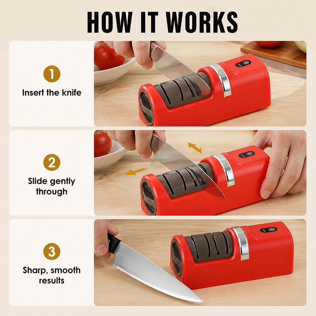 Electric Knife Sharpener, Diamond Wheel, 18 x 6 x 6 cm | Red, Green or White | Cordless with Suction Base for Safe Sharpening