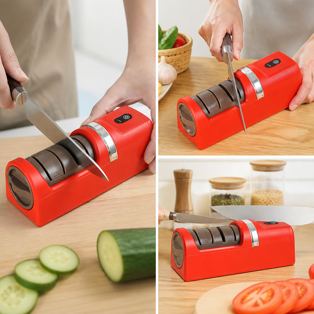 Electric Knife Sharpener, Diamond Wheel, 18 x 6 x 6 cm | Red, Green or White | Cordless with Suction Base for Safe Sharpening