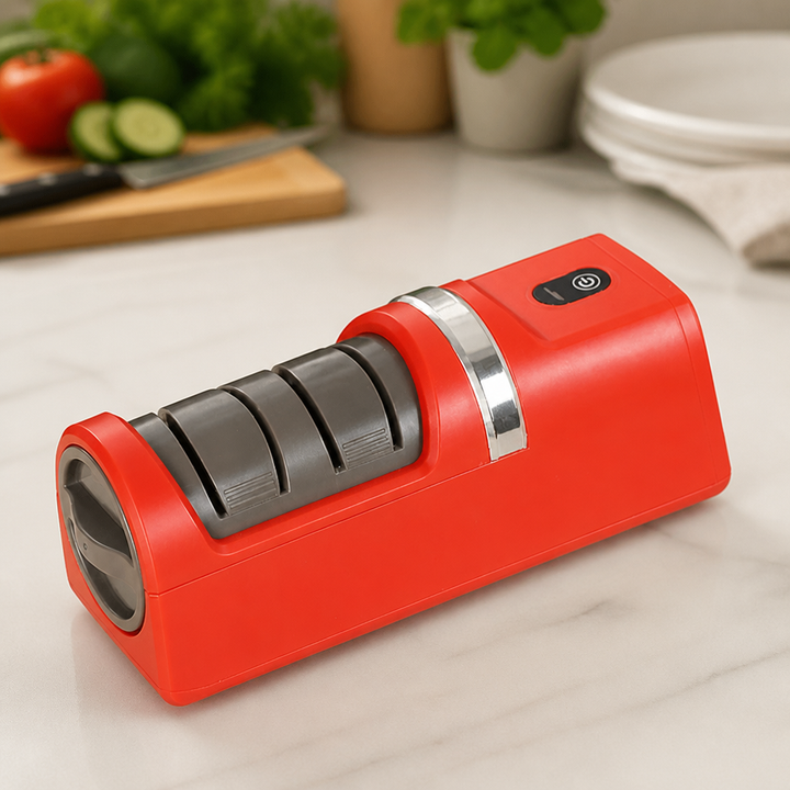 Electric Knife Sharpener, Diamond Wheel, 18 x 6 x 6 cm | Red, Green or White | Cordless with Suction Base for Safe Sharpening