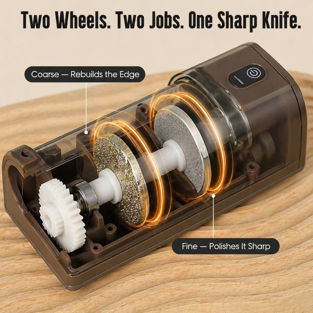 Electric Knife Sharpener | Two-Stage Diamond Wheel, Coarse &amp; Fine Grit | USB-Rechargeable, Non-Slip Base, 18 cm