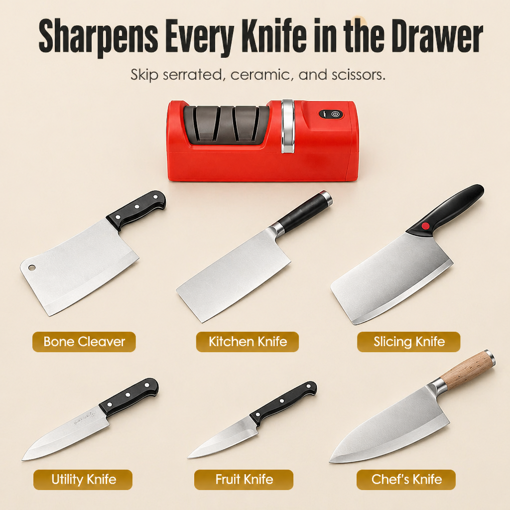 Electric Knife Sharpener | Two-Stage Diamond Wheel, Coarse &amp; Fine Grit | USB-Rechargeable, Non-Slip Base, 18 cm