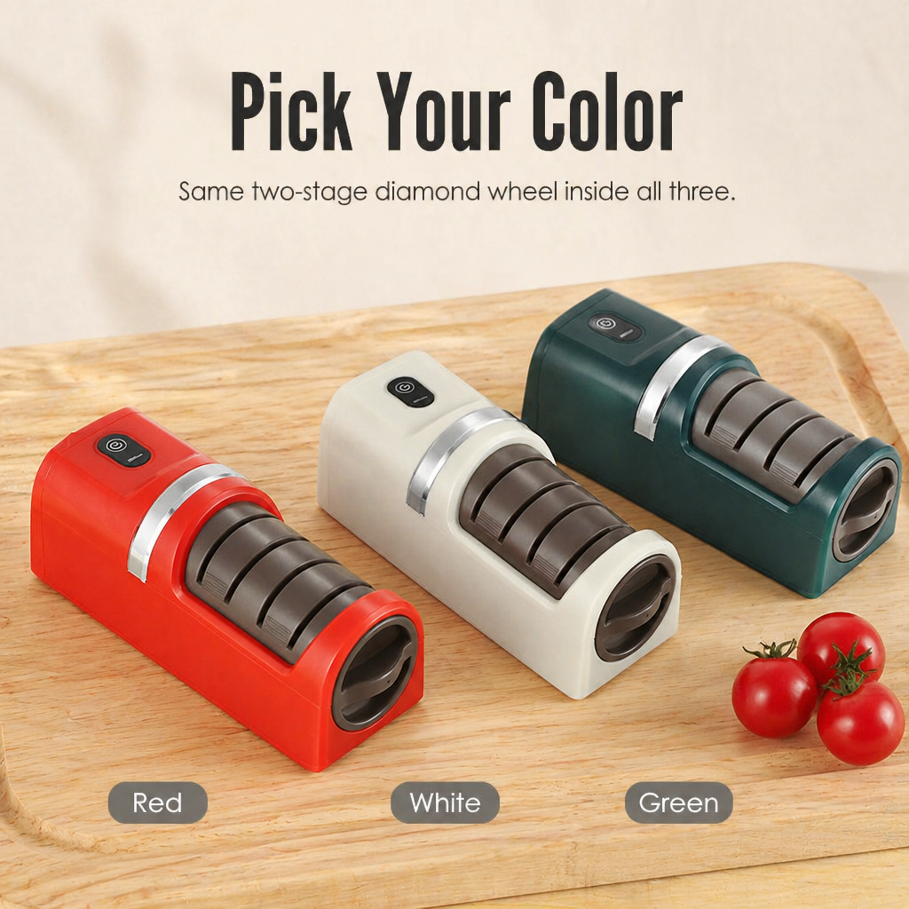 Electric Knife Sharpener | Two-Stage Diamond Wheel, Coarse &amp; Fine Grit | USB-Rechargeable, Non-Slip Base, 18 cm