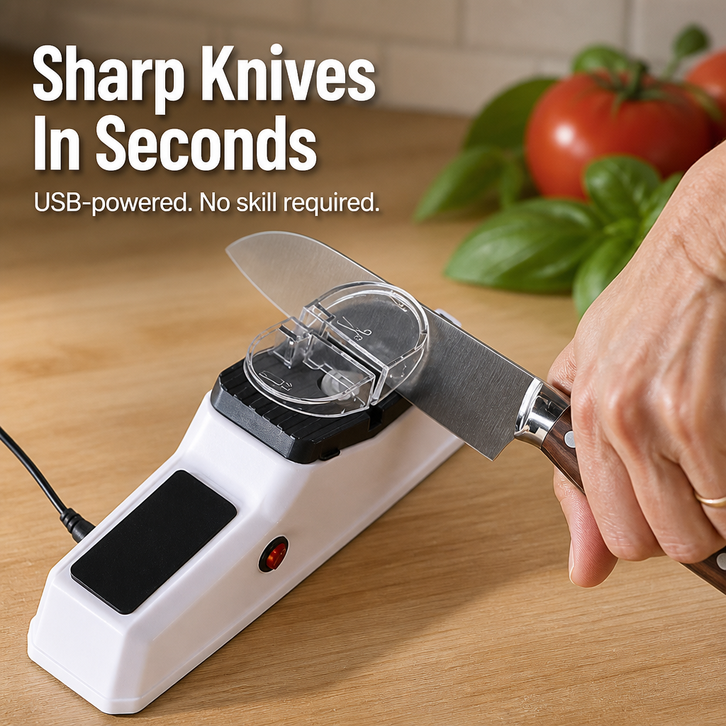 Electric Knife Sharpener USB-Powered | Two Clear Safety Shields | Sharpens Knives &amp; Scissors in Under a Minute