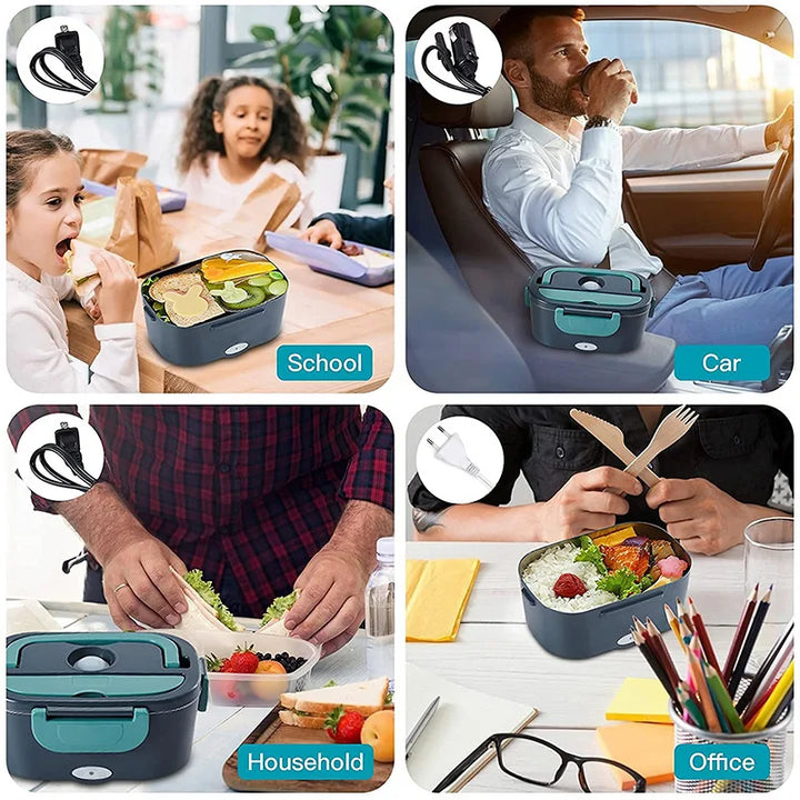 Electric Lunch Box Stainless Steel | 12V/24V Car &amp; 220V Mains | Heated Insert, Insulated Bag, Cutlery Included