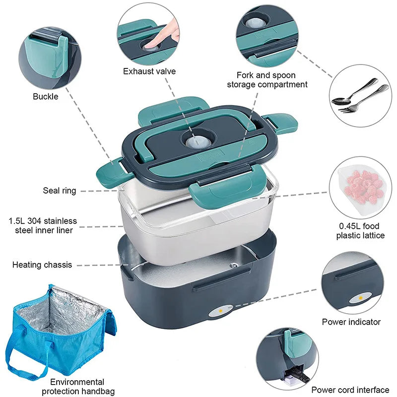 Electric Lunch Box Stainless Steel | 12V/24V Car &amp; 220V Mains | Heated Insert, Insulated Bag, Cutlery Included