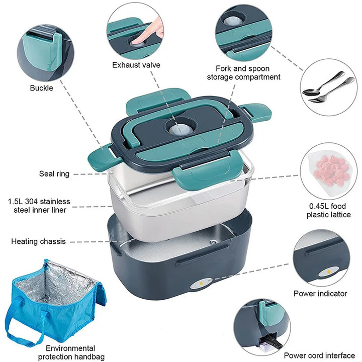 Electric Lunch Box Stainless Steel | 12V/24V Car &amp; 220V Mains | Heated Insert, Insulated Bag, Cutlery Included