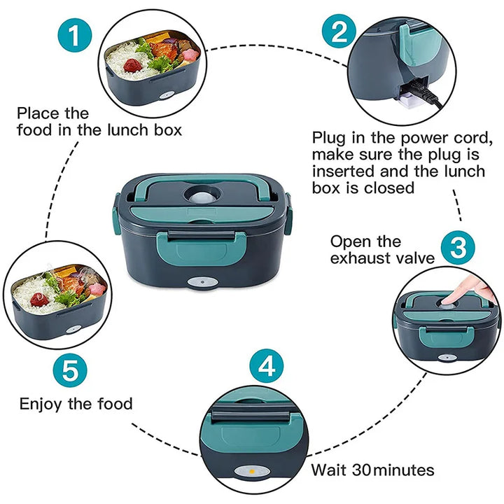 Electric Lunch Box Stainless Steel | 12V/24V Car &amp; 220V Mains | Heated Insert, Insulated Bag, Cutlery Included