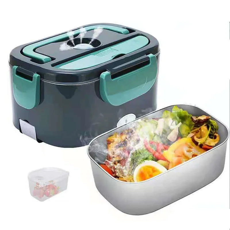 Electric Lunch Box Stainless Steel | 12V/24V Car &amp; 220V Mains | Heated Insert, Insulated Bag, Cutlery Included