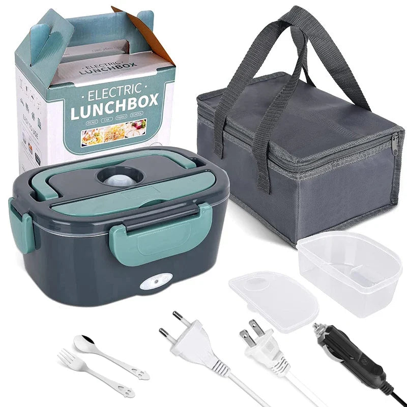 Electric Lunch Box Stainless Steel | 12V/24V Car &amp; 220V Mains | Heated Insert, Insulated Bag, Cutlery Included