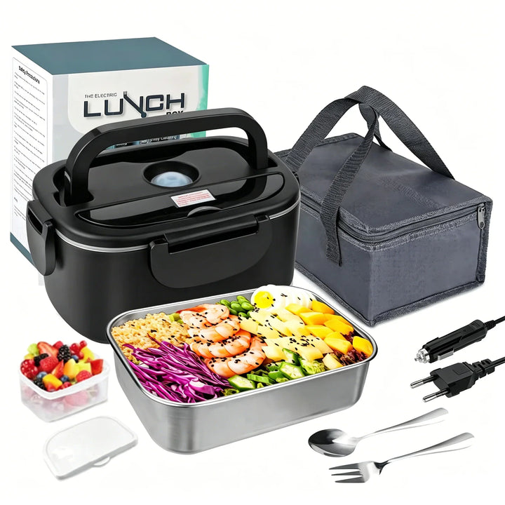 Electric Lunch Box Stainless Steel | 12V/24V Car &amp; 220V Mains | Heated Insert, Insulated Bag, Cutlery Included