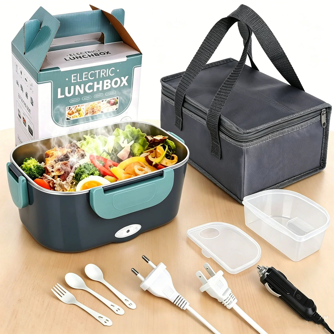 Electric Lunch Box Stainless Steel | 12V/24V Car &amp; 220V Mains | Heated Insert, Insulated Bag, Cutlery Included