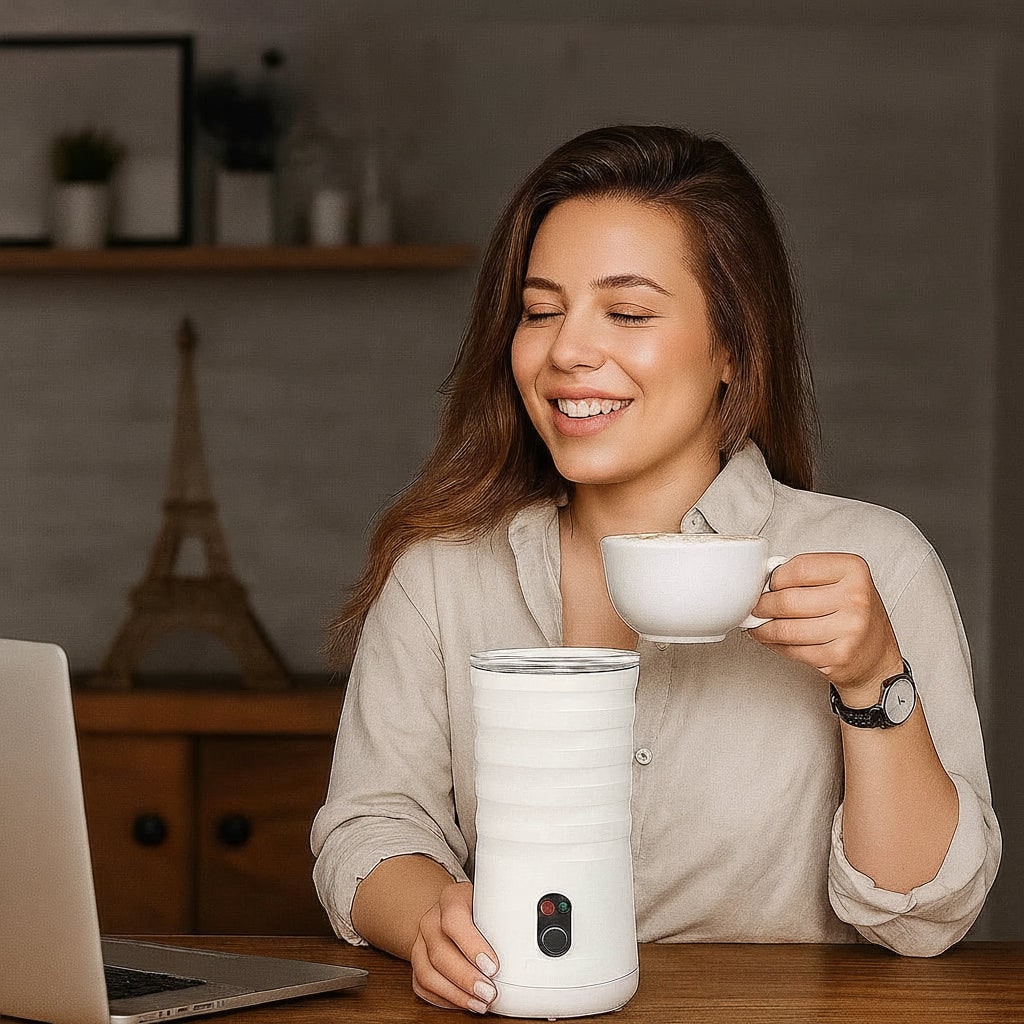 Electric Milk Frother with Non-Stick Coating | One-Touch Automatic Foam Control | 4-in-1 Hot &amp; Cold Foam for Café-Quality Coffee
