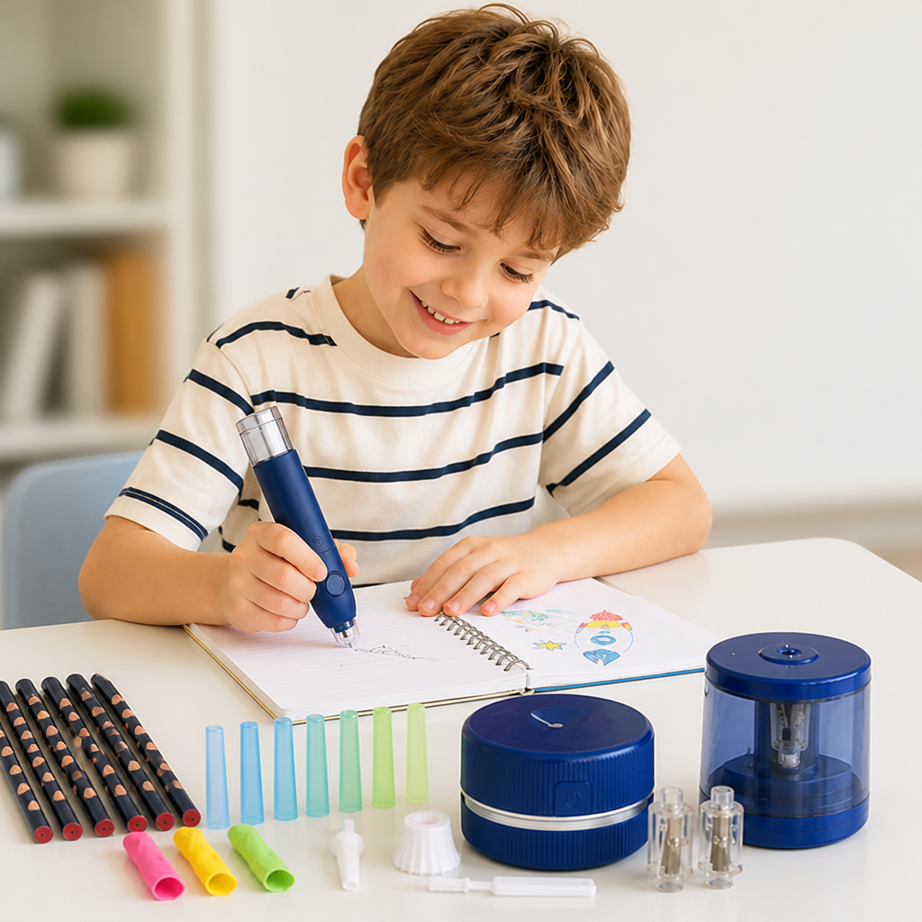 Electric Pencil Set with Grip Trainer, 6 Pen Tips | Blue, Light Blue or Pink | Battery-Powered Assist for Steadier Handwriting