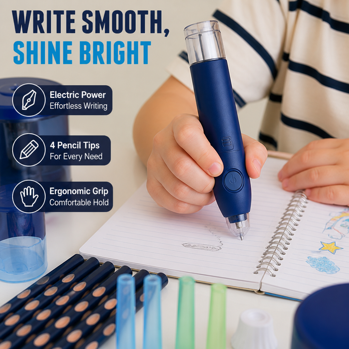 Electric Pencil Set with Grip Trainer, 6 Pen Tips | Blue, Light Blue or Pink | Battery-Powered Assist for Steadier Handwriting