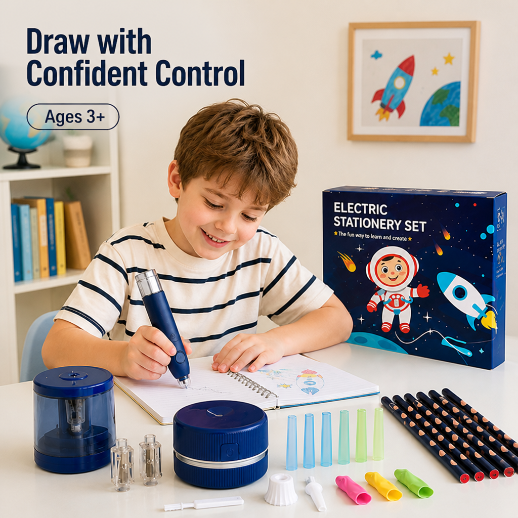 Electric Pencil Set with Grip Trainer, 6 Pen Tips | Blue, Light Blue or Pink | Battery-Powered Assist for Steadier Handwriting