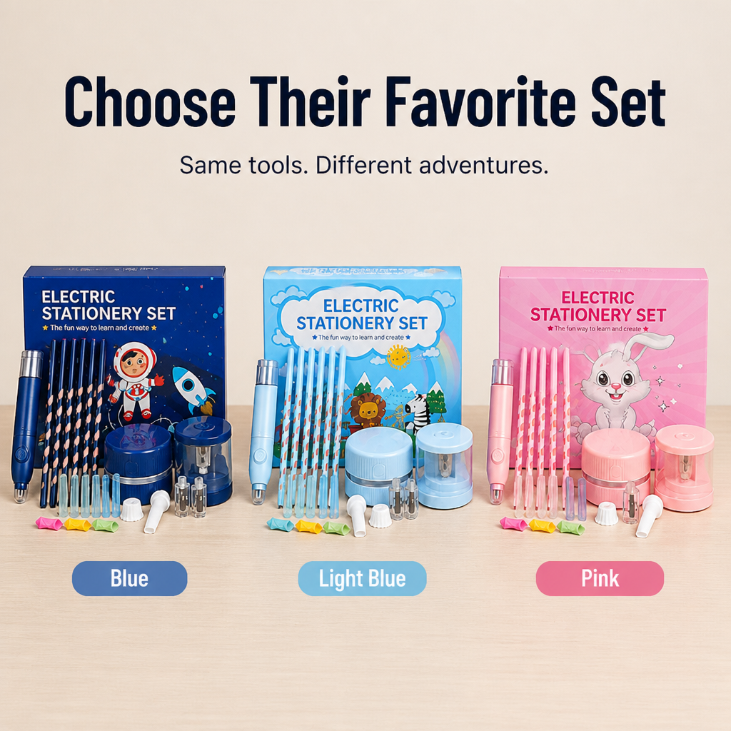 Electric Pencil Set with Grip Trainer, 6 Pen Tips | Blue, Light Blue or Pink | Battery-Powered Assist for Steadier Handwriting