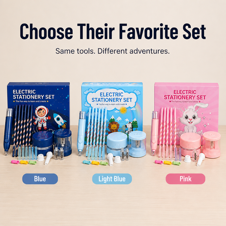 Electric Pencil Set with Grip Trainer, 6 Pen Tips | Blue, Light Blue or Pink | Battery-Powered Assist for Steadier Handwriting