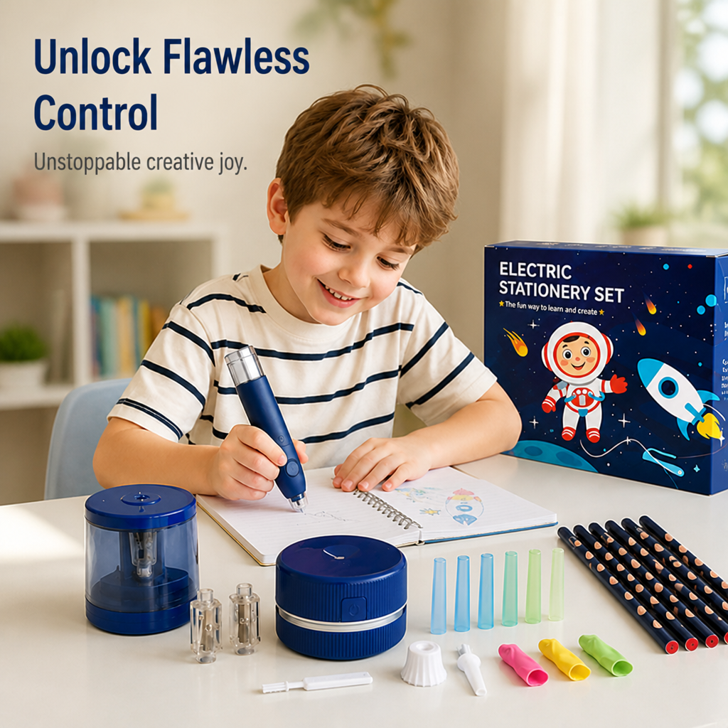 Electric Pencil Set with Grip Trainer, 6 Pen Tips | Blue, Light Blue or Pink | Battery-Powered Assist for Steadier Handwriting