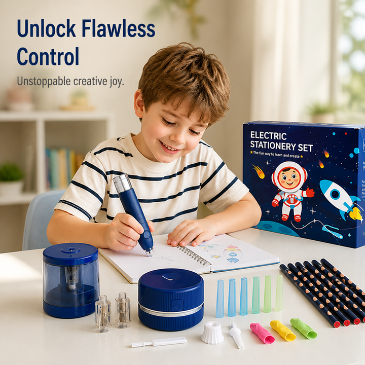 Electric Pencil Set with Grip Trainer, 6 Pen Tips | Blue, Light Blue or Pink | Battery-Powered Assist for Steadier Handwriting