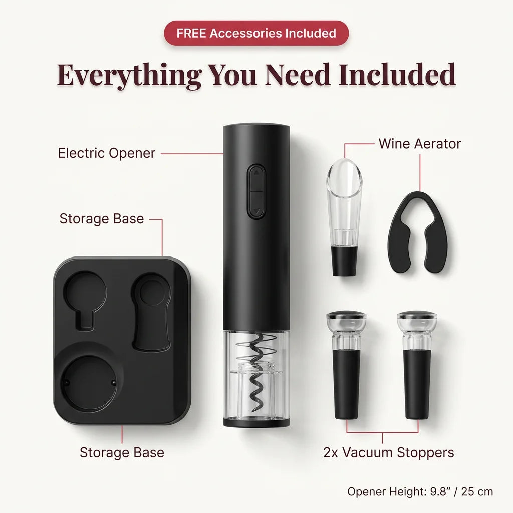 Electric Wine Bottle Opener Stainless Steel | One-Touch Cork Removal with Foil Cutter &amp; Aerator | Effortless Wine Service Set
