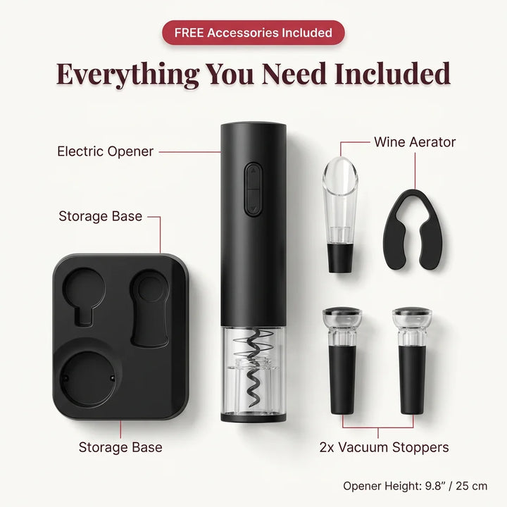 Electric Wine Bottle Opener Stainless Steel | One-Touch Cork Removal with Foil Cutter &amp; Aerator | Effortless Wine Service Set