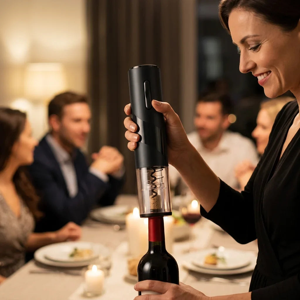Electric Wine Bottle Opener Stainless Steel | One-Touch Cork Removal with Foil Cutter &amp; Aerator | Effortless Wine Service Set