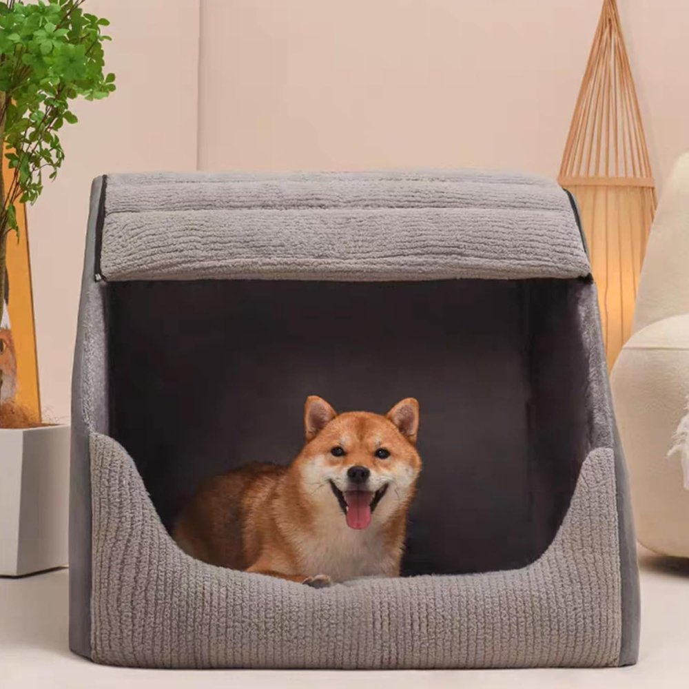 Enclosed Den Dog Bed | PP Cotton &amp; Sponge Filling | Removable Washable Cover | 3 Sizes | Grey