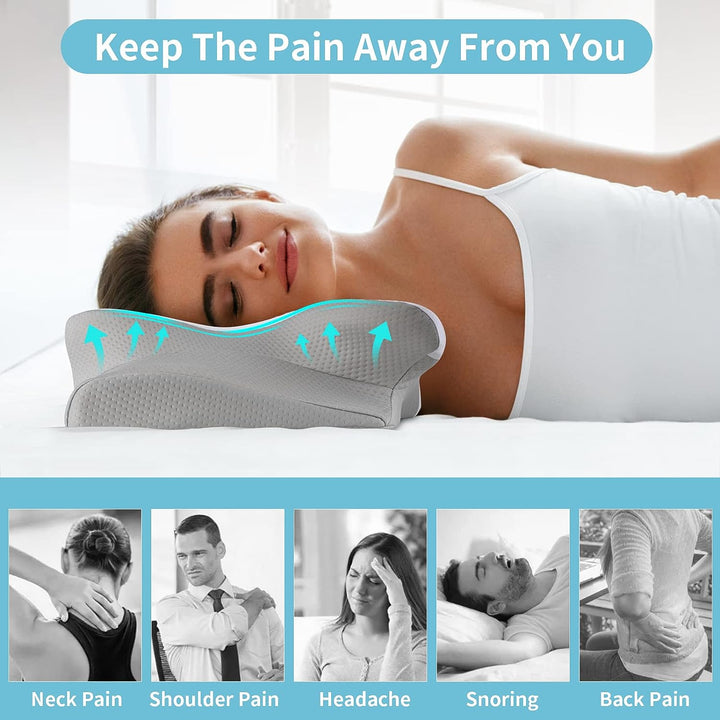 Ergonomic Cervical Neck Pillow | Memory Foam | 2 Heights | Removable Washable Cover | Back, Side &amp; Stomach Sleepers