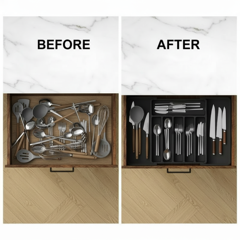 Expandable Kitchen Organizer Drawer Tray with Multiple Compartments