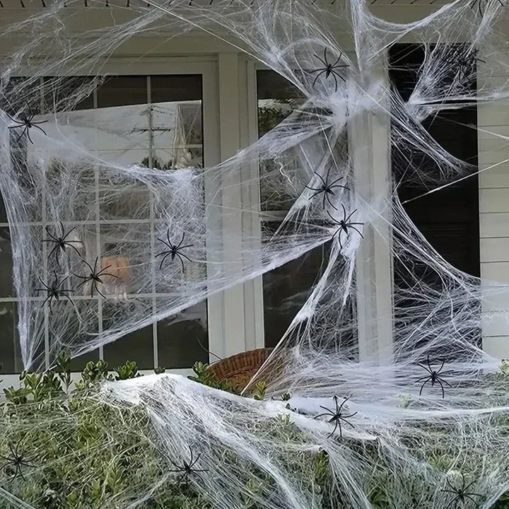 Fake Spider Web Halloween Decoration | Stretchable Cotton Webbing for Doors, Walls &amp; Corners | Reusable Haunted House Decor