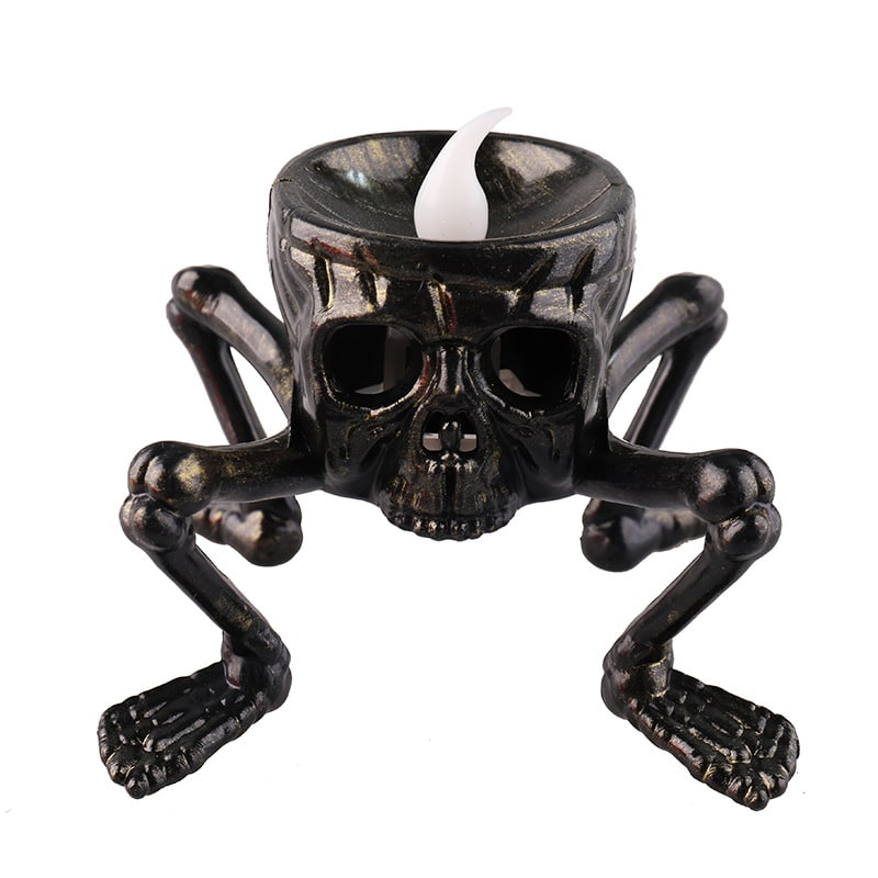 Flameless LED Candle Halloween Skeleton Hand &amp; Skull | 7x9x8.5cm | Battery Operated, Flickering Glow, Indoor Outdoor