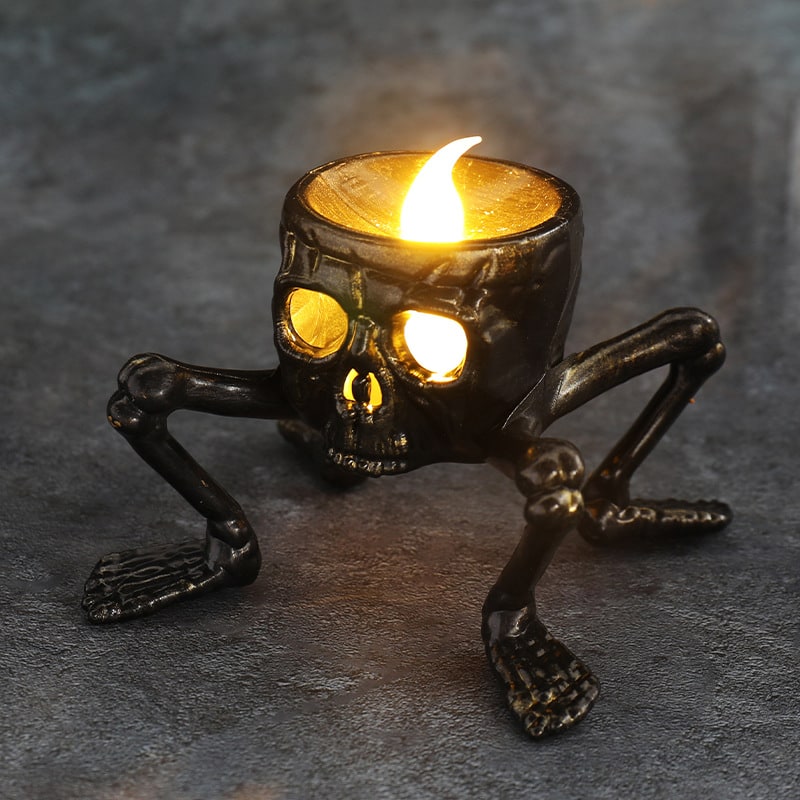 Flameless LED Candle Halloween Skeleton Hand &amp; Skull | 7x9x8.5cm | Battery Operated, Flickering Glow, Indoor Outdoor
