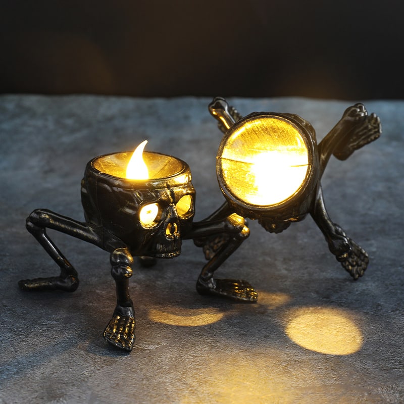 Flameless LED Candle Halloween Skeleton Hand &amp; Skull | 7x9x8.5cm | Battery Operated, Flickering Glow, Indoor Outdoor