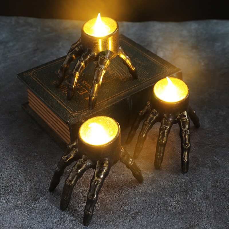 Flameless LED Candle Halloween Skeleton Hand &amp; Skull | 7x9x8.5cm | Battery Operated, Flickering Glow, Indoor Outdoor