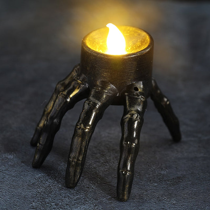 Flameless LED Candle Halloween Skeleton Hand &amp; Skull | 7x9x8.5cm | Battery Operated, Flickering Glow, Indoor Outdoor