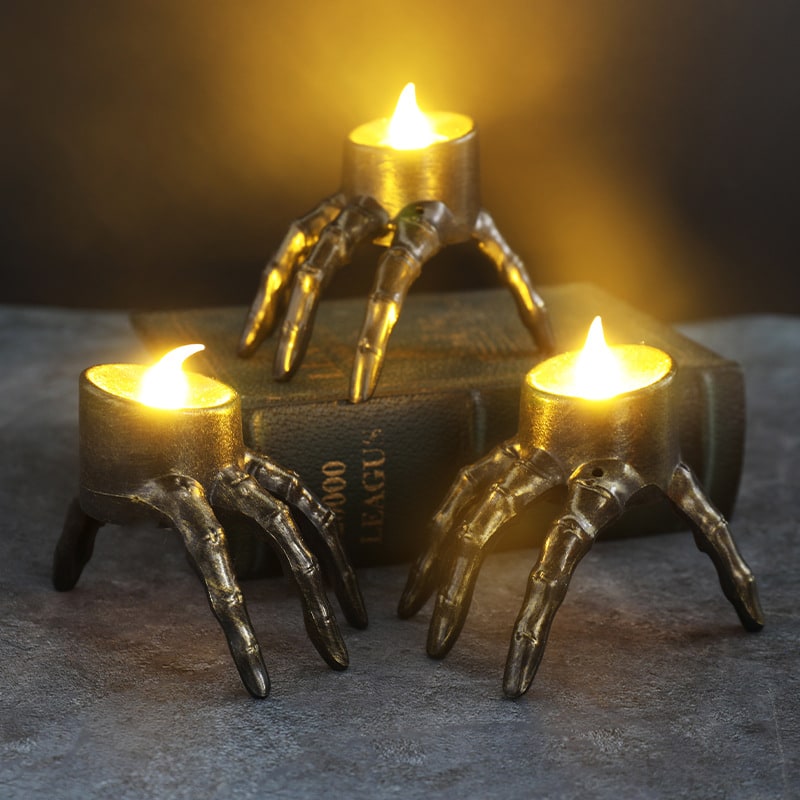 Flameless LED Candle Halloween Skeleton Hand &amp; Skull | 7x9x8.5cm | Battery Operated, Flickering Glow, Indoor Outdoor