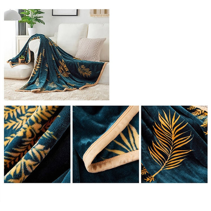 Fleece Throw Blanket Polyester Flannel 120x200cm | Green Botanical Leaf Print, 380gsm | Soft Plush Warmth for Sofa &amp; Bed